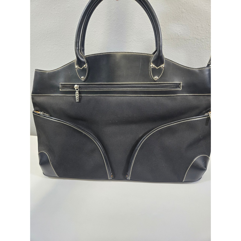 Maxx New York Black Nylon Faux Leather Contrast Stitch Office Tote Bag Large